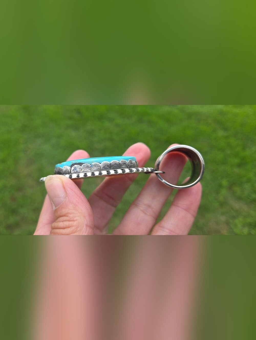 HANDMADE NAVAJO LARGE KINGMAN TURQUOISE STERLING PENDANT GLENN LIVINGSTON - Picture 5 of 10